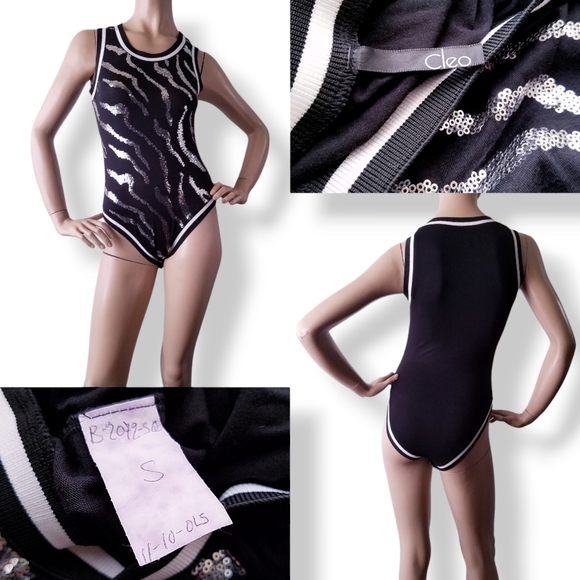 Black & Silver Zebra Print Sequin Bodysuit by Cleo Size Small - Picture 7 of 8